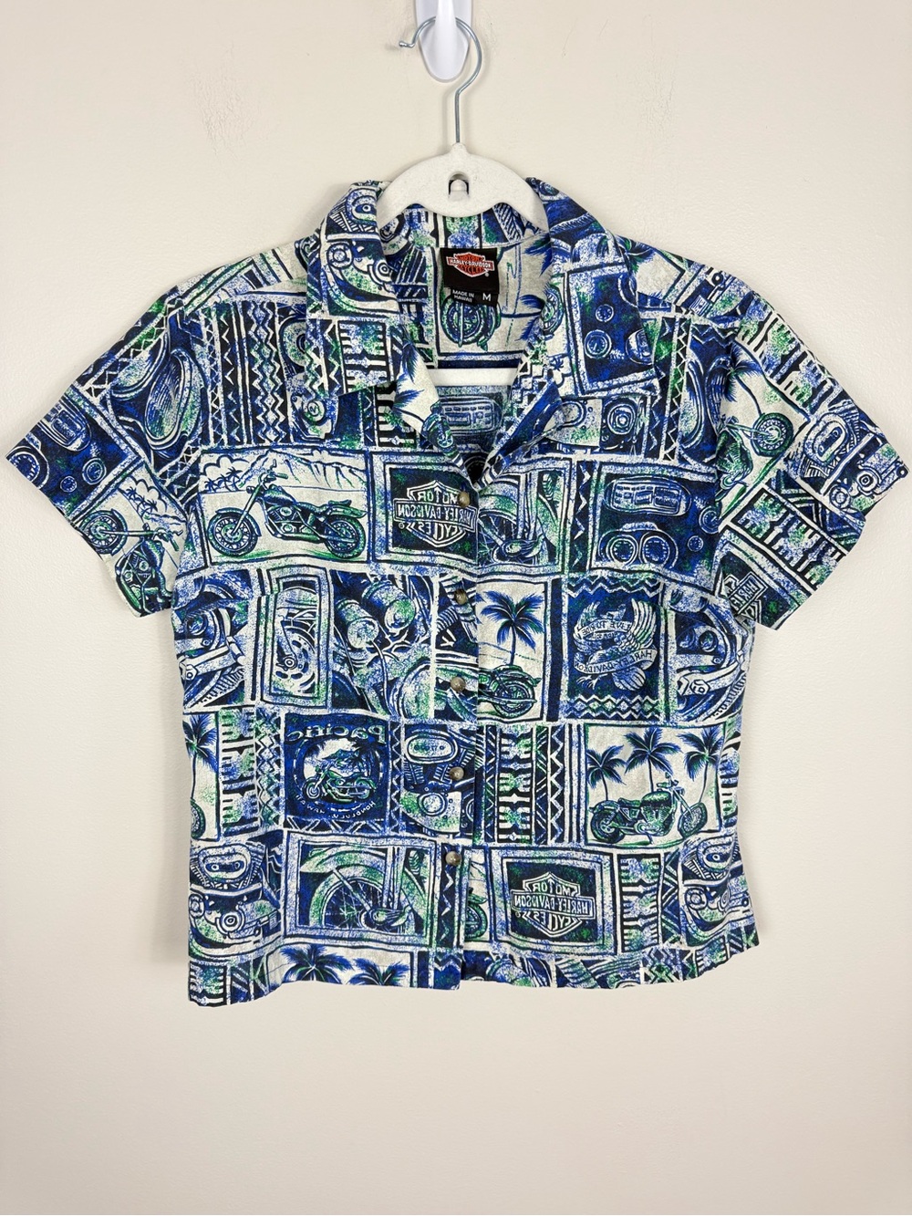 Harley Davidson Hawaii Button Down Top Womens Medium Blue Island Biker Tropical